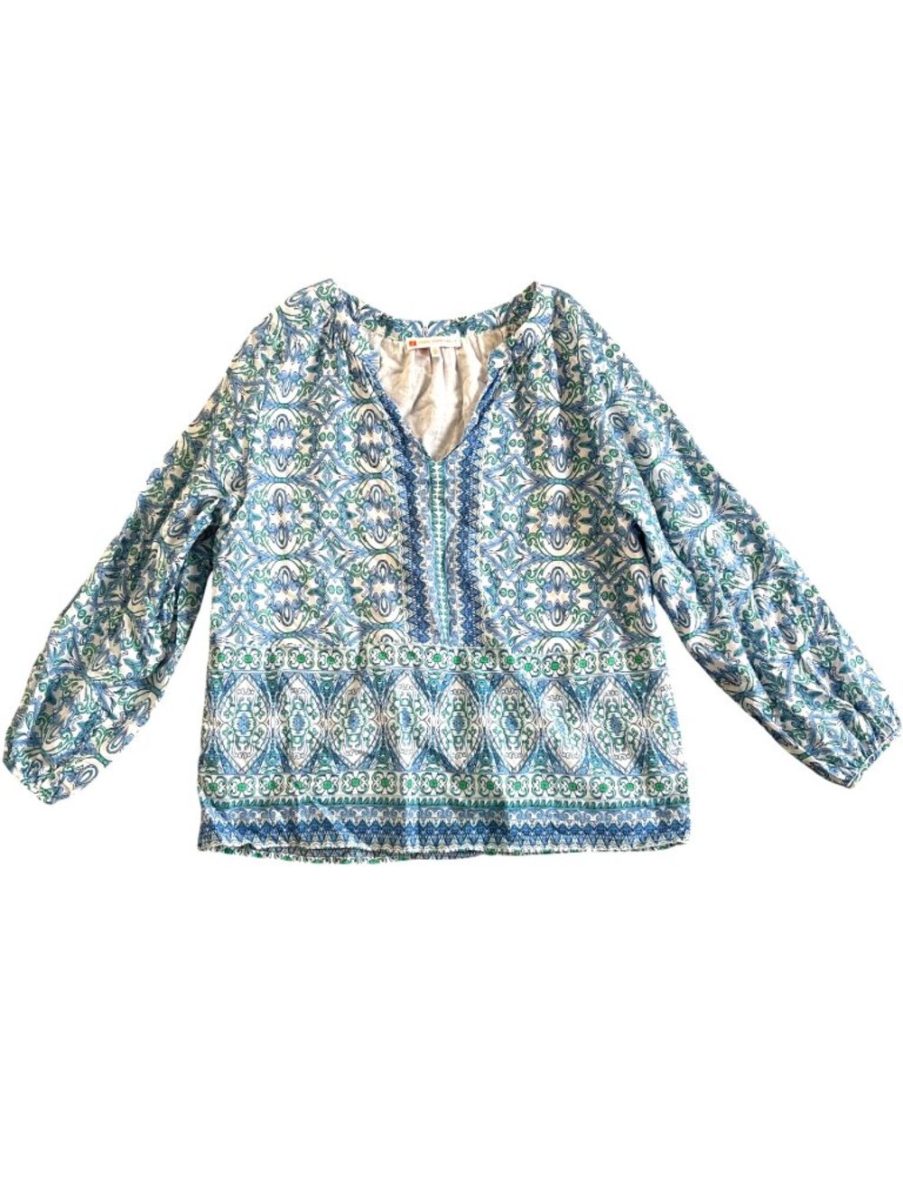 Jude Connally Women's Sz Medium Blue Green Patterned V-Neck Long Sleeve Blouse